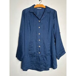 Soft Surroundings Linen Blend Tunic Top Size Large Lagenlook Roll Tab Button Up